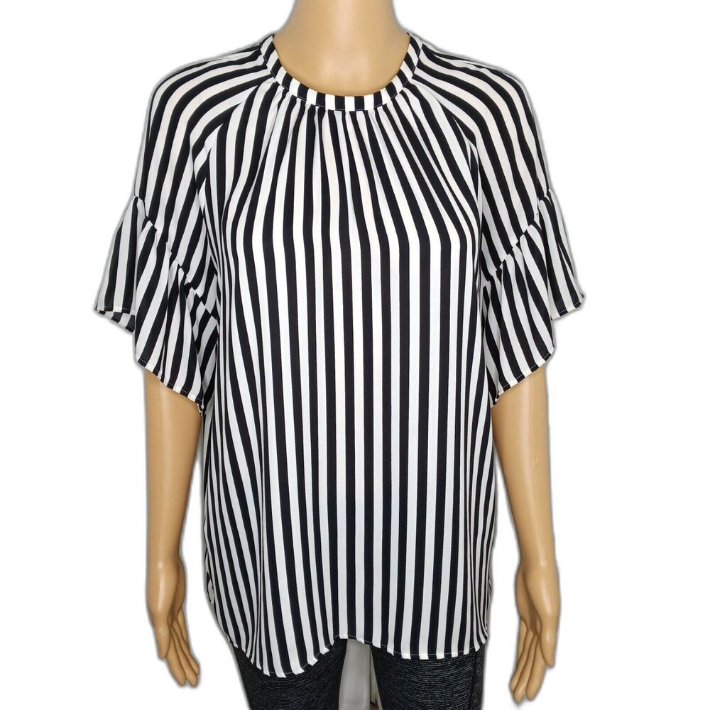 Loft Medium Flowy Black & White Pinstripe Tie Back Ruffle Sleeve Silky Blouse